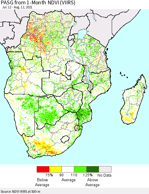 Southern Africa PASG from 1-Month NDVI (VIIRS) Thematic Map For 8/5/2021 - 8/12/2021