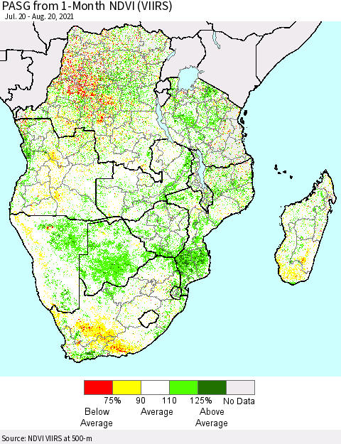 Southern Africa PASG from 1-Month NDVI (VIIRS) Thematic Map For 8/13/2021 - 8/20/2021