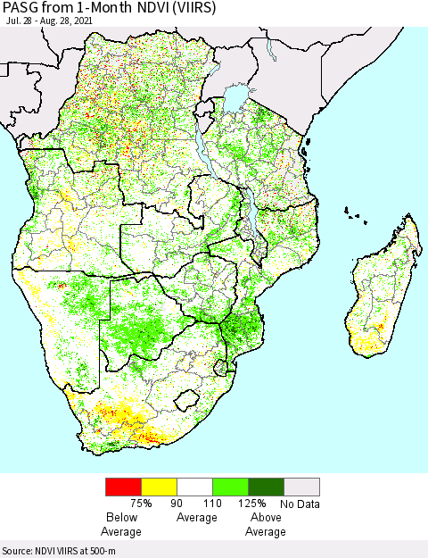 Southern Africa PASG from 1-Month NDVI (VIIRS) Thematic Map For 8/21/2021 - 8/28/2021