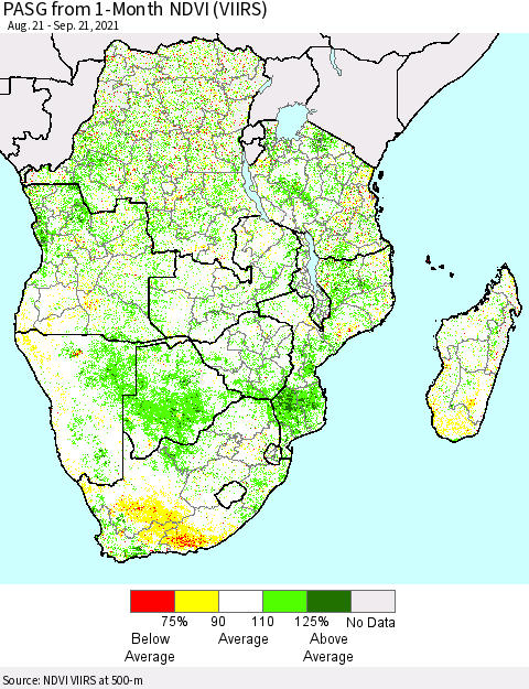 Southern Africa PASG from 1-Month NDVI (VIIRS) Thematic Map For 9/14/2021 - 9/21/2021