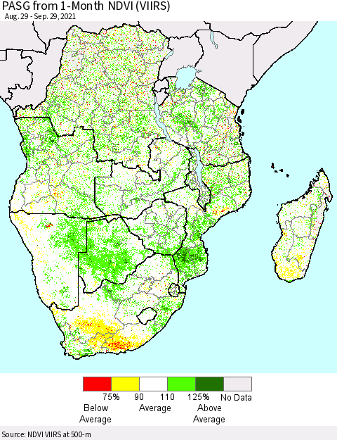 Southern Africa PASG from 1-Month NDVI (VIIRS) Thematic Map For 9/22/2021 - 9/29/2021