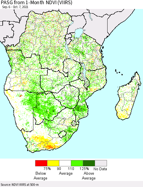 Southern Africa PASG from 1-Month NDVI (VIIRS) Thematic Map For 9/30/2021 - 10/7/2021
