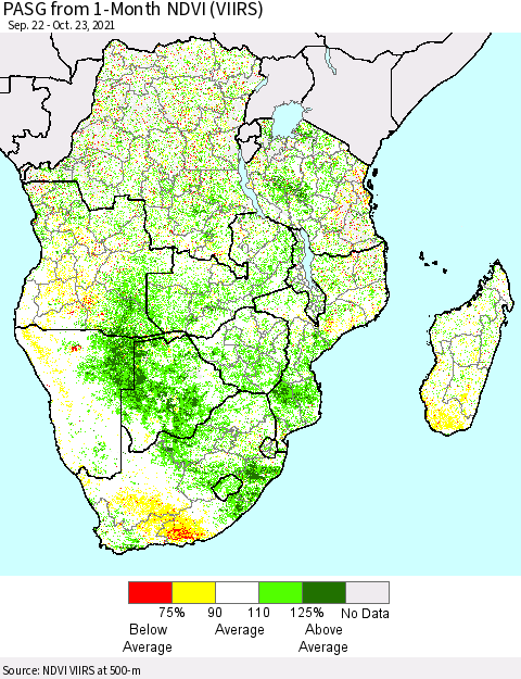Southern Africa PASG from 1-Month NDVI (VIIRS) Thematic Map For 10/16/2021 - 10/23/2021