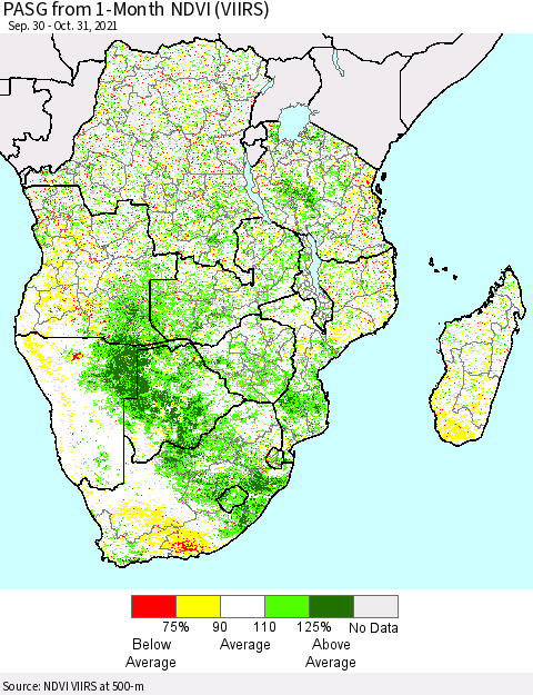 Southern Africa PASG from 1-Month NDVI (VIIRS) Thematic Map For 10/24/2021 - 10/31/2021