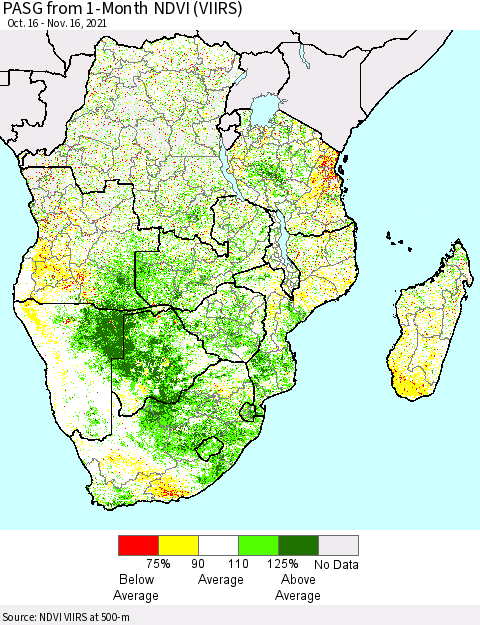 Southern Africa PASG from 1-Month NDVI (VIIRS) Thematic Map For 11/9/2021 - 11/16/2021