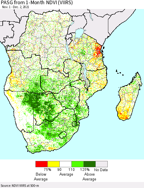 Southern Africa PASG from 1-Month NDVI (VIIRS) Thematic Map For 11/25/2021 - 12/2/2021