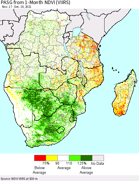 Southern Africa PASG from 1-Month NDVI (VIIRS) Thematic Map For 12/11/2021 - 12/18/2021