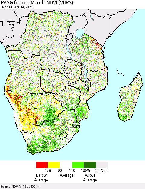 Southern Africa PASG from 1-Month NDVI (VIIRS) Thematic Map For 4/7/2023 - 4/14/2023