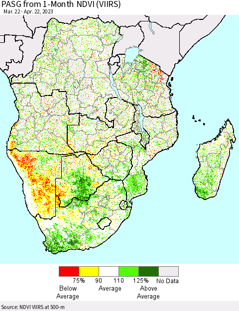 Southern Africa PASG from 1-Month NDVI (VIIRS) Thematic Map For 4/15/2023 - 4/22/2023