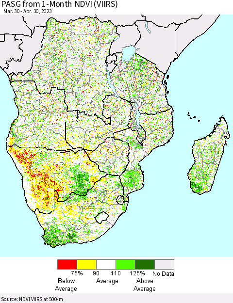 Southern Africa PASG from 1-Month NDVI (VIIRS) Thematic Map For 4/23/2023 - 4/30/2023