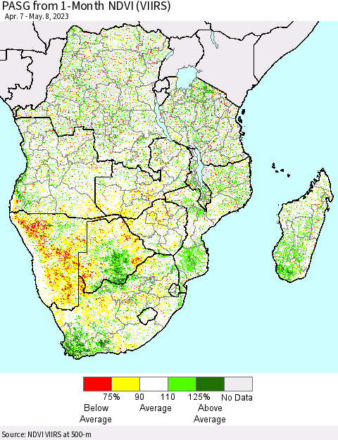 Southern Africa PASG from 1-Month NDVI (VIIRS) Thematic Map For 5/1/2023 - 5/8/2023