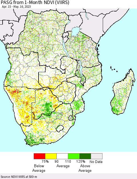 Southern Africa PASG from 1-Month NDVI (VIIRS) Thematic Map For 5/9/2023 - 5/16/2023