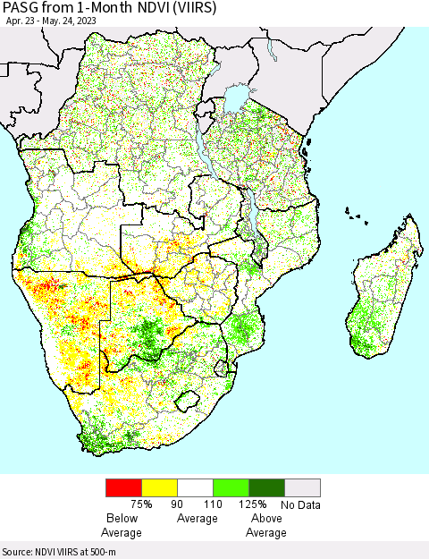 Southern Africa PASG from 1-Month NDVI (VIIRS) Thematic Map For 5/17/2023 - 5/24/2023