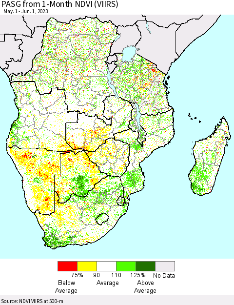 Southern Africa PASG from 1-Month NDVI (VIIRS) Thematic Map For 5/25/2023 - 6/1/2023