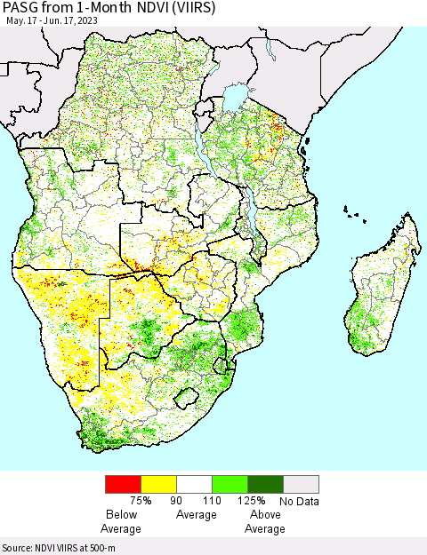 Southern Africa PASG from 1-Month NDVI (VIIRS) Thematic Map For 6/10/2023 - 6/17/2023