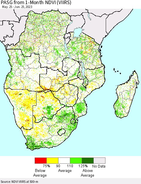 Southern Africa PASG from 1-Month NDVI (VIIRS) Thematic Map For 6/18/2023 - 6/25/2023