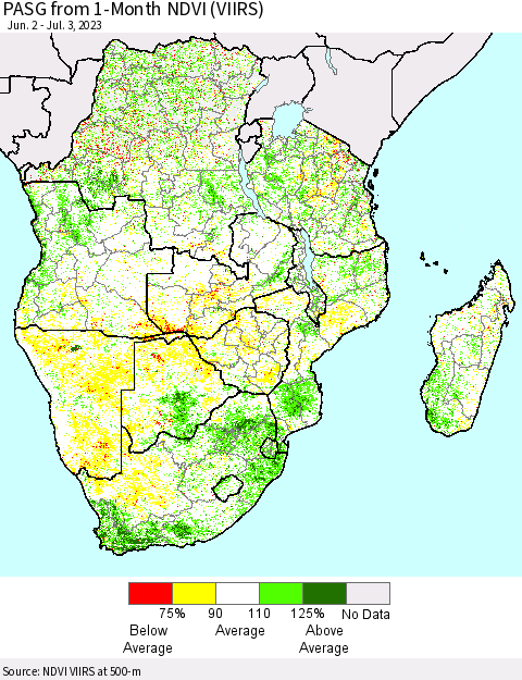 Southern Africa PASG from 1-Month NDVI (VIIRS) Thematic Map For 6/26/2023 - 7/3/2023