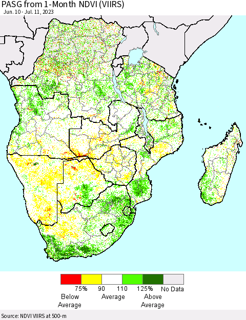 Southern Africa PASG from 1-Month NDVI (VIIRS) Thematic Map For 7/4/2023 - 7/11/2023