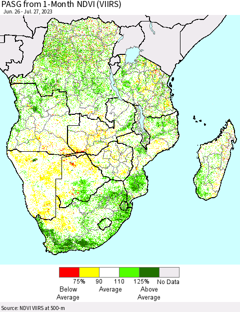 Southern Africa PASG from 1-Month NDVI (VIIRS) Thematic Map For 7/20/2023 - 7/27/2023