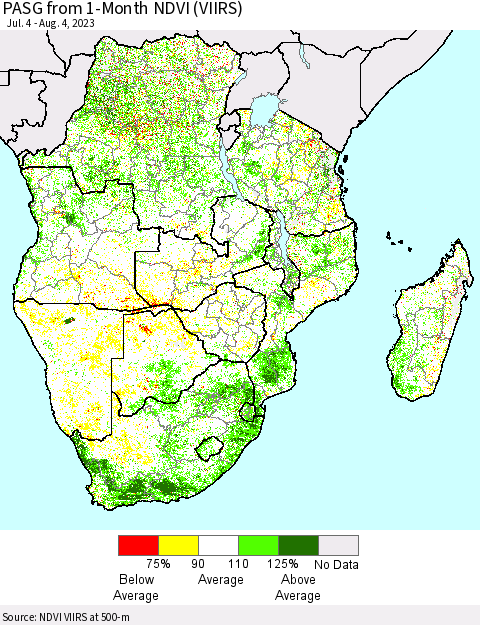 Southern Africa PASG from 1-Month NDVI (VIIRS) Thematic Map For 7/28/2023 - 8/4/2023