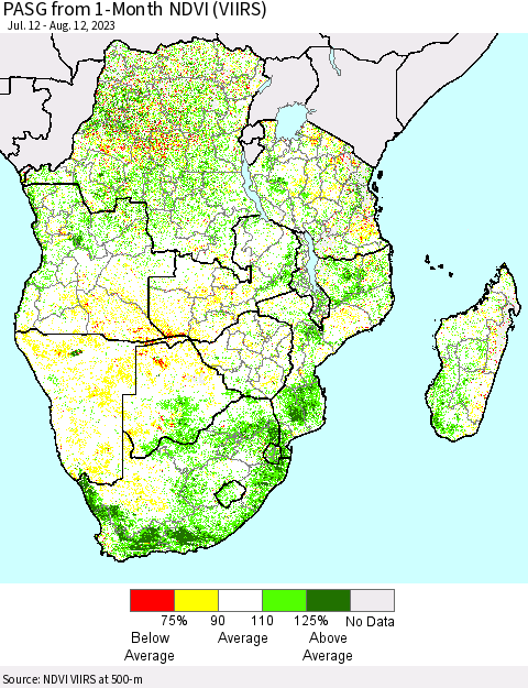 Southern Africa PASG from 1-Month NDVI (VIIRS) Thematic Map For 8/5/2023 - 8/12/2023