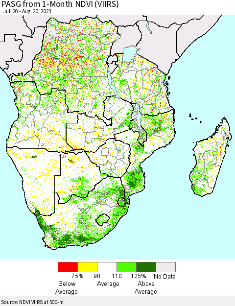 Southern Africa PASG from 1-Month NDVI (VIIRS) Thematic Map For 8/13/2023 - 8/20/2023