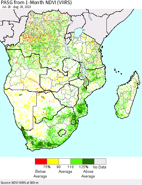 Southern Africa PASG from 1-Month NDVI (VIIRS) Thematic Map For 8/21/2023 - 8/28/2023