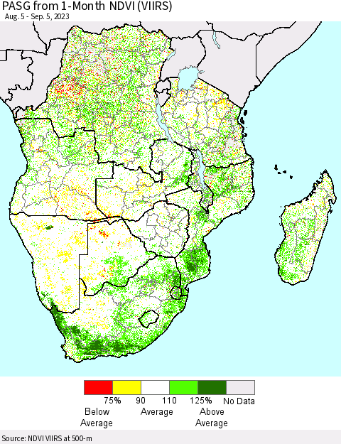 Southern Africa PASG from 1-Month NDVI (VIIRS) Thematic Map For 8/29/2023 - 9/5/2023
