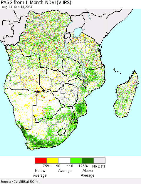 Southern Africa PASG from 1-Month NDVI (VIIRS) Thematic Map For 9/6/2023 - 9/13/2023