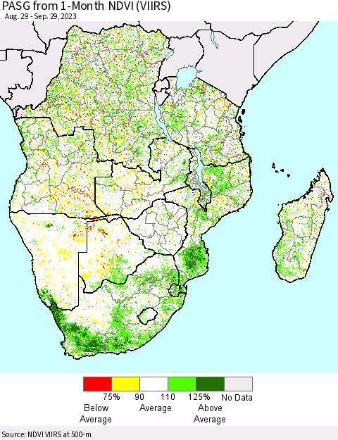 Southern Africa PASG from 1-Month NDVI (VIIRS) Thematic Map For 9/22/2023 - 9/29/2023