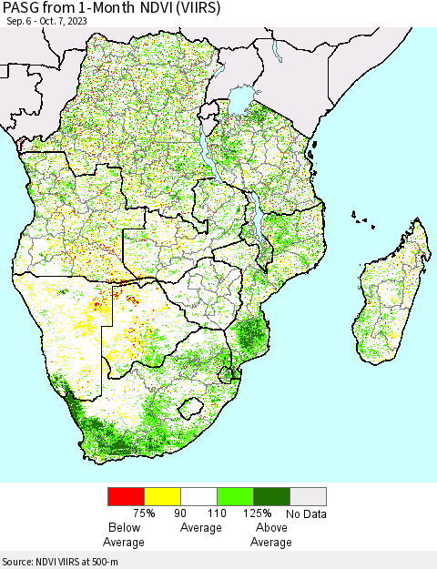 Southern Africa PASG from 1-Month NDVI (VIIRS) Thematic Map For 9/30/2023 - 10/7/2023