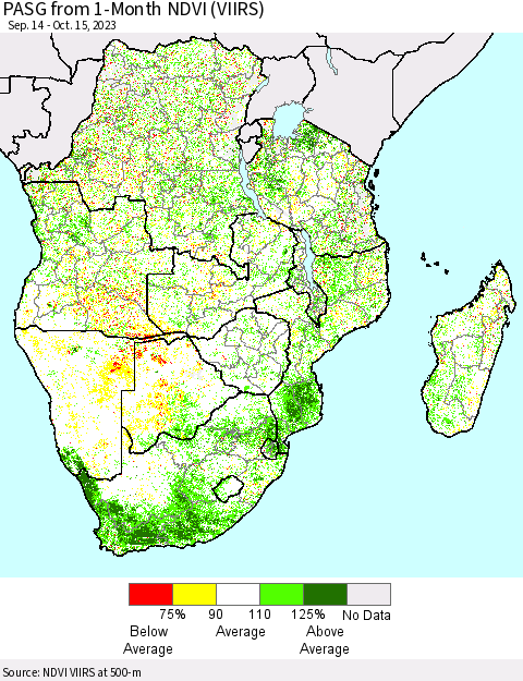 Southern Africa PASG from 1-Month NDVI (VIIRS) Thematic Map For 10/8/2023 - 10/15/2023