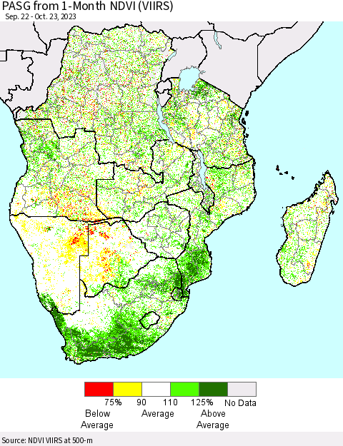 Southern Africa PASG from 1-Month NDVI (VIIRS) Thematic Map For 10/16/2023 - 10/23/2023