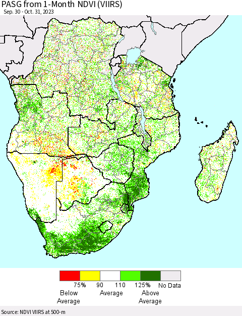 Southern Africa PASG from 1-Month NDVI (VIIRS) Thematic Map For 10/24/2023 - 10/31/2023