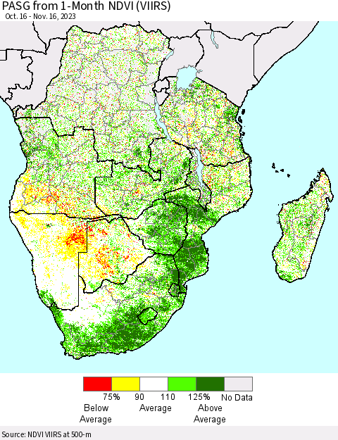 Southern Africa PASG from 1-Month NDVI (VIIRS) Thematic Map For 11/9/2023 - 11/16/2023