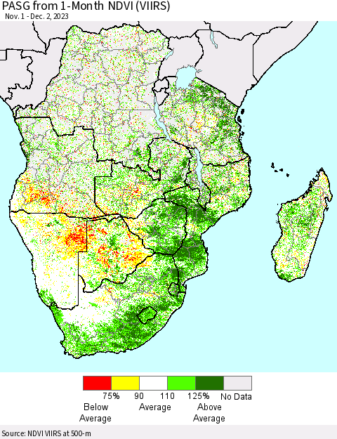 Southern Africa PASG from 1-Month NDVI (VIIRS) Thematic Map For 11/25/2023 - 12/2/2023