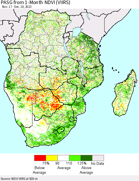 Southern Africa PASG from 1-Month NDVI (VIIRS) Thematic Map For 12/11/2023 - 12/18/2023