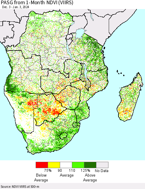 Southern Africa PASG from 1-Month NDVI (VIIRS) Thematic Map For 12/27/2023 - 1/3/2024
