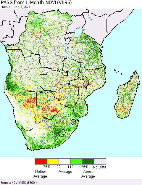 Southern Africa PASG from 1-Month NDVI (VIIRS) Thematic Map For 1/1/2024 - 1/8/2024