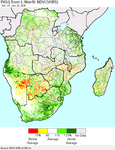 Southern Africa PASG from 1-Month NDVI (VIIRS) Thematic Map For 1/9/2024 - 1/16/2024