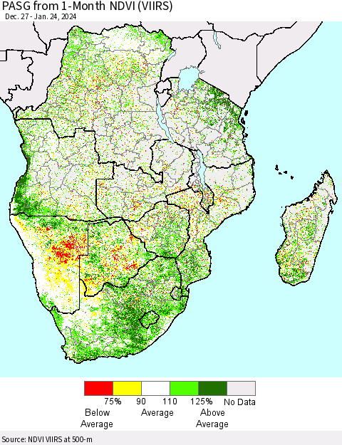 Southern Africa PASG from 1-Month NDVI (VIIRS) Thematic Map For 1/17/2024 - 1/24/2024