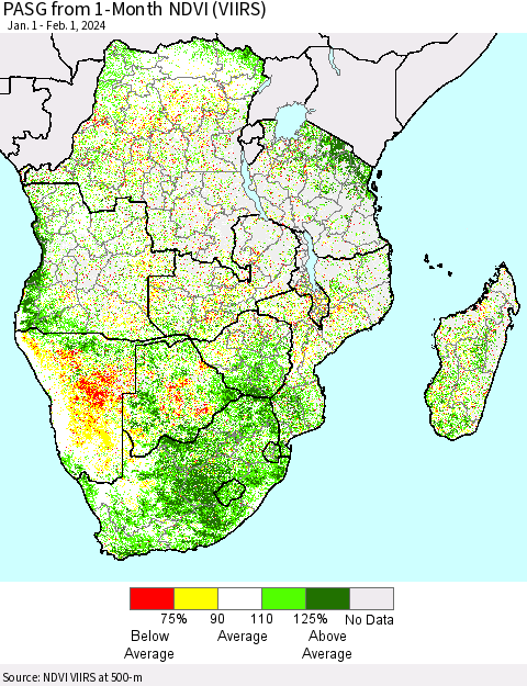 Southern Africa PASG from 1-Month NDVI (VIIRS) Thematic Map For 1/25/2024 - 2/1/2024