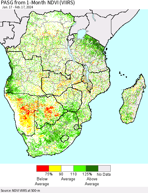 Southern Africa PASG from 1-Month NDVI (VIIRS) Thematic Map For 2/10/2024 - 2/17/2024