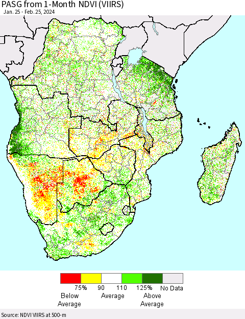 Southern Africa PASG from 1-Month NDVI (VIIRS) Thematic Map For 2/18/2024 - 2/25/2024