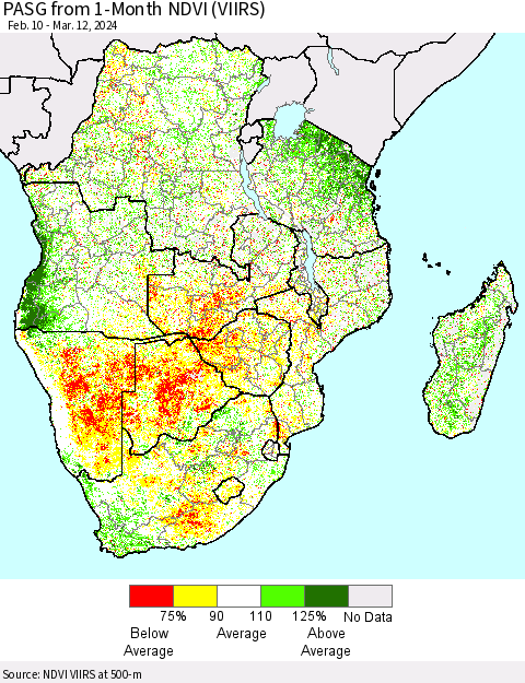 Southern Africa PASG from 1-Month NDVI (VIIRS) Thematic Map For 3/5/2024 - 3/12/2024