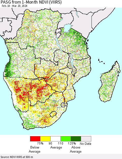 Southern Africa PASG from 1-Month NDVI (VIIRS) Thematic Map For 3/13/2024 - 3/20/2024