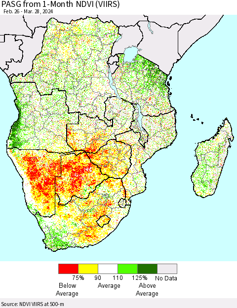 Southern Africa PASG from 1-Month NDVI (VIIRS) Thematic Map For 3/21/2024 - 3/28/2024