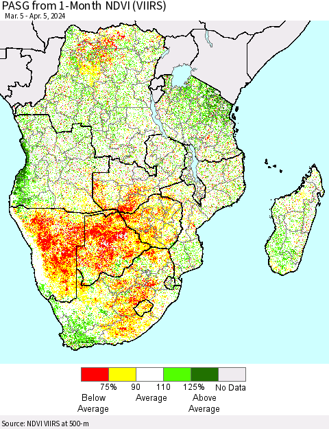 Southern Africa PASG from 1-Month NDVI (VIIRS) Thematic Map For 3/29/2024 - 4/5/2024