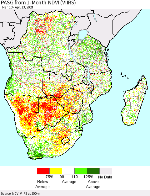 Southern Africa PASG from 1-Month NDVI (VIIRS) Thematic Map For 4/6/2024 - 4/13/2024