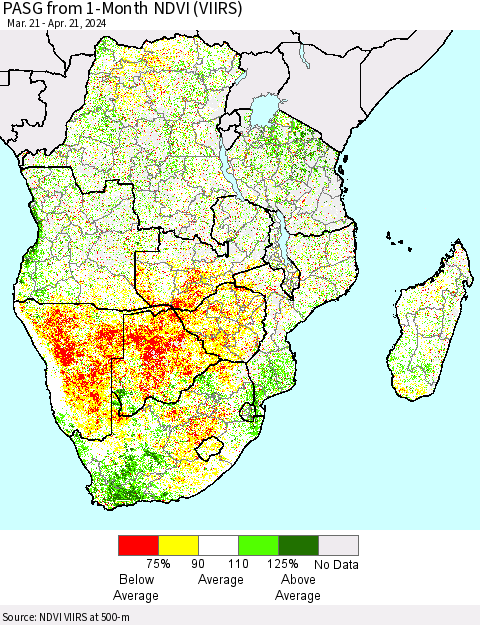 Southern Africa PASG from 1-Month NDVI (VIIRS) Thematic Map For 4/14/2024 - 4/21/2024